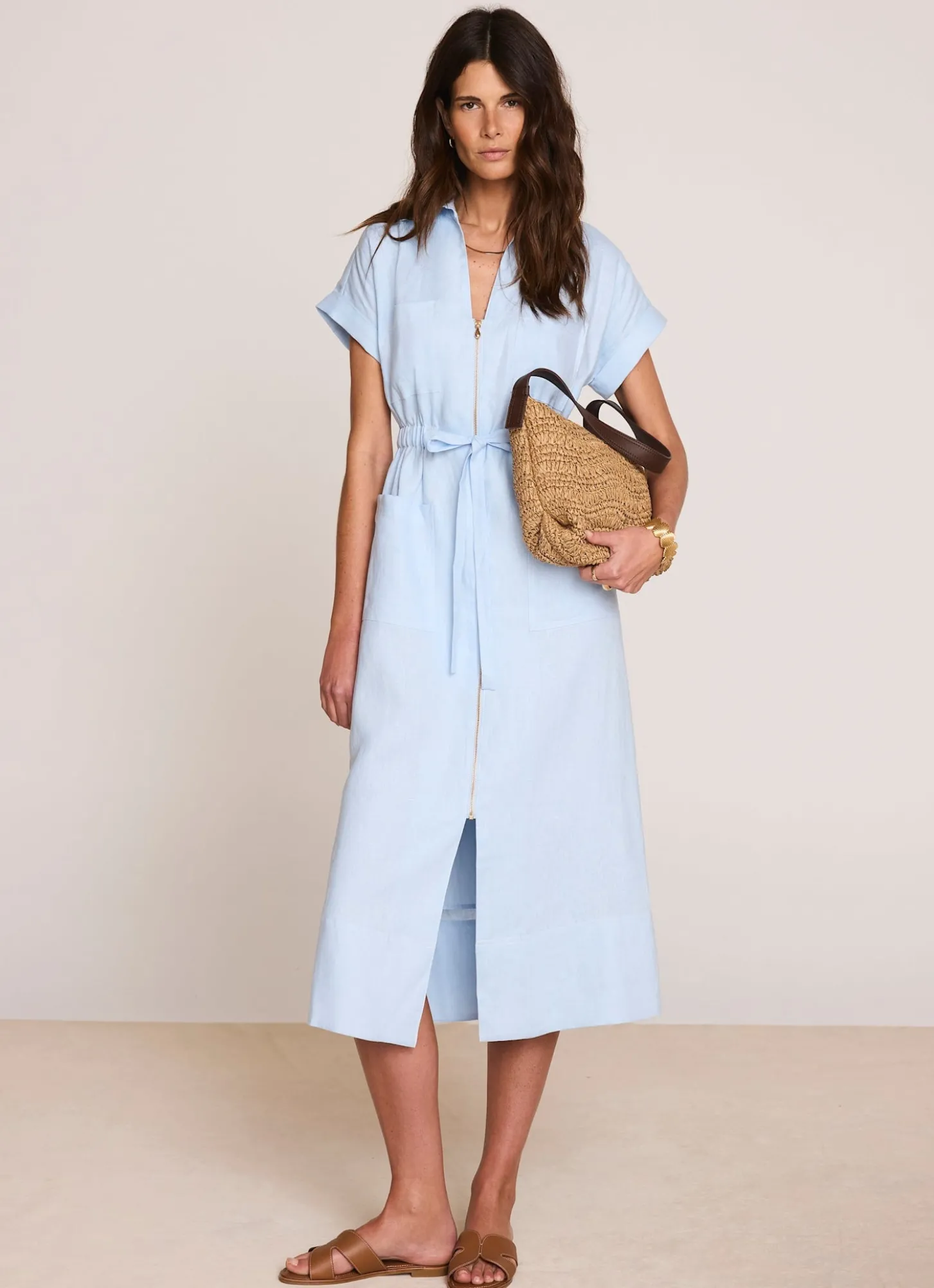 Pale Blue Linen Midi Shirt Dress