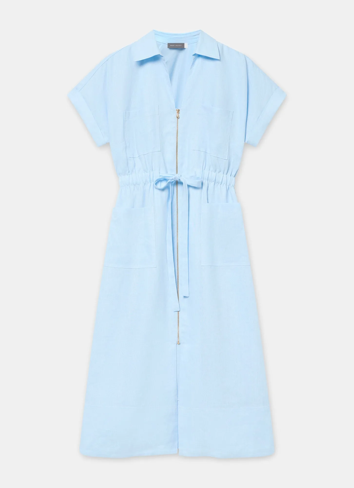 Pale Blue Linen Midi Shirt Dress