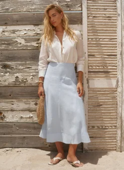 Pale Blue Ramie Drop Waist Midi Skirt