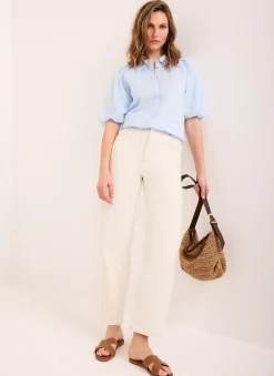 Pale Blue Ramie Scallop Puff Sleeve Shirt