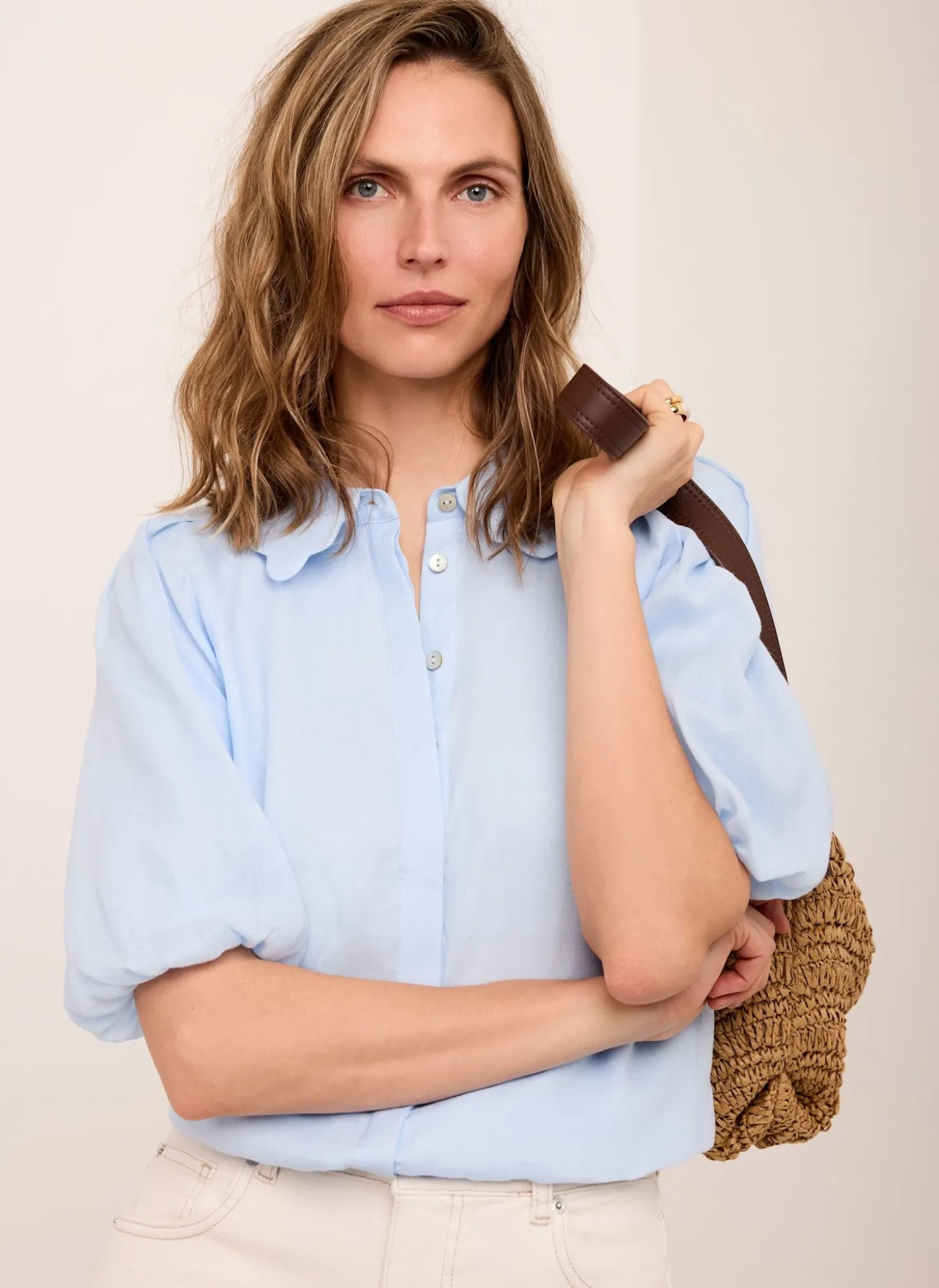 Pale Blue Ramie Scallop Puff Sleeve Shirt