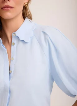 Pale Blue Ramie Scallop Puff Sleeve Shirt