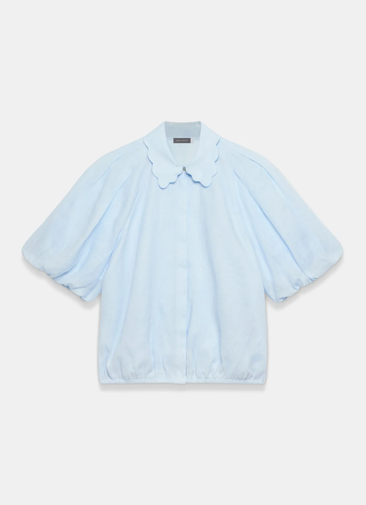 Pale Blue Ramie Scallop Puff Sleeve Shirt