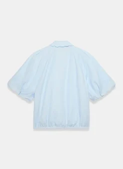 Pale Blue Ramie Scallop Puff Sleeve Shirt