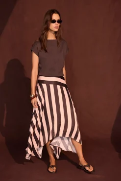 Pink & Brown Satin Striped Midi Skirt