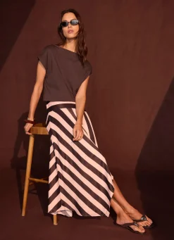 Pink & Brown Satin Striped Midi Skirt