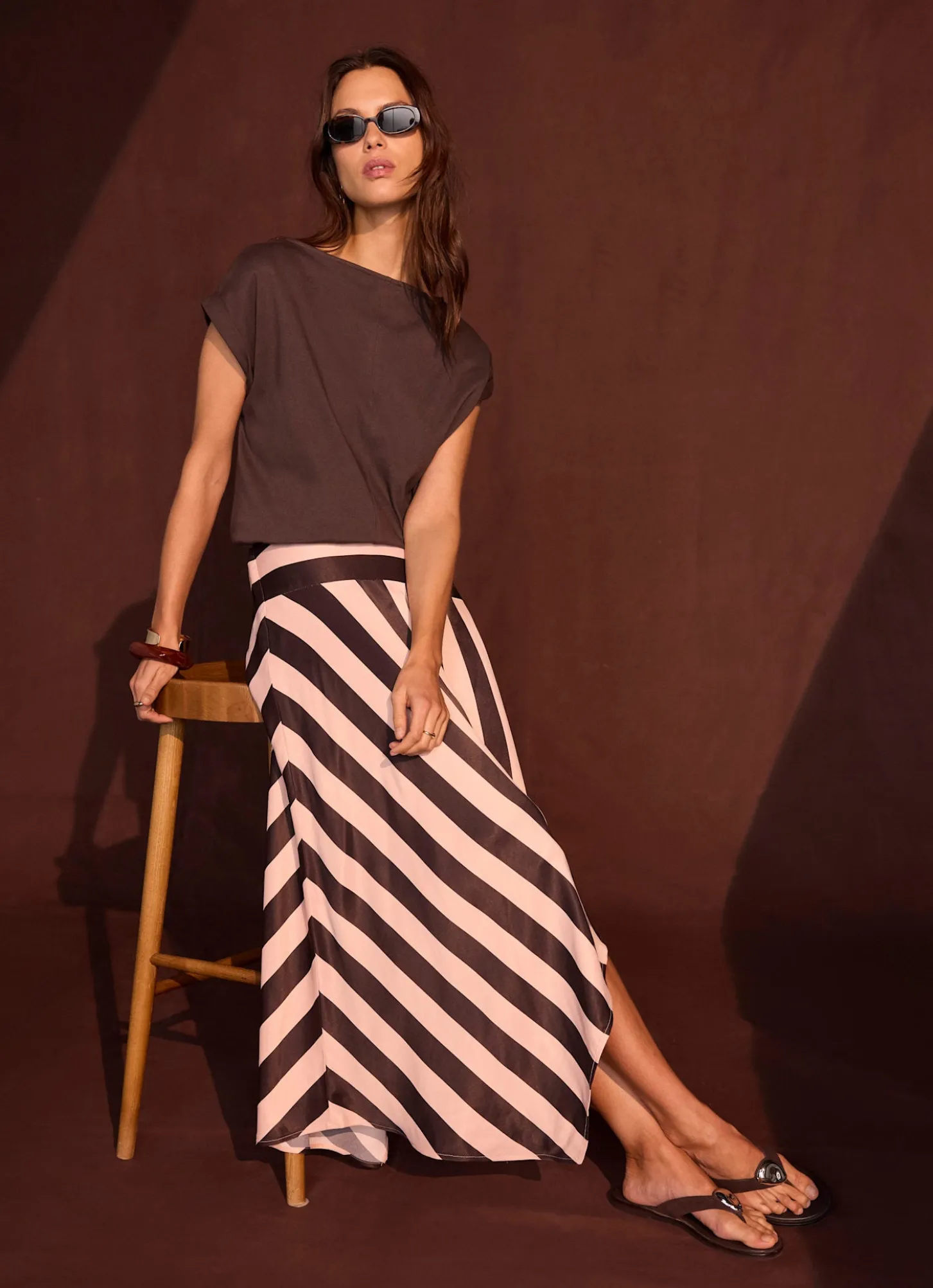 Pink & Brown Satin Striped Midi Skirt