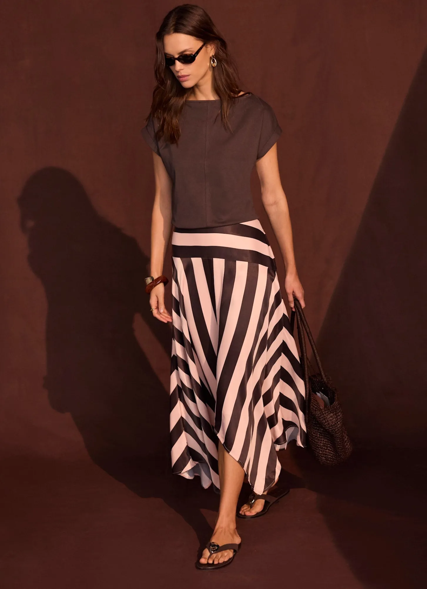 Pink & Brown Satin Striped Midi Skirt