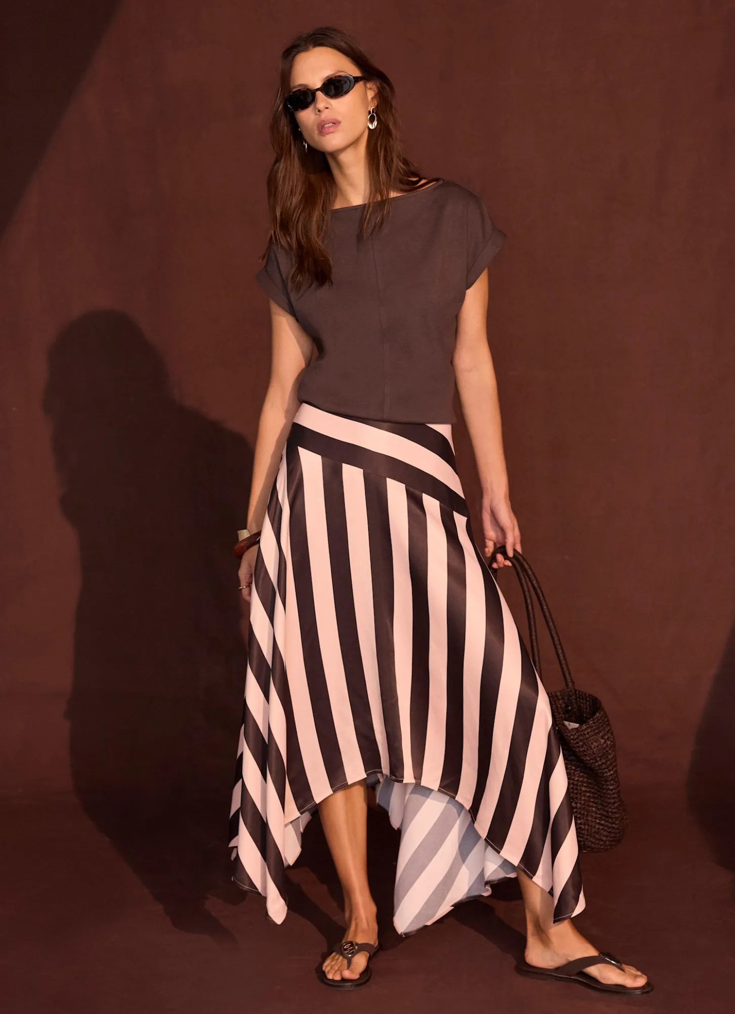 Pink & Brown Satin Striped Midi Skirt