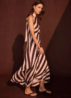 Pink & Brown Striped Halter Maxi Dress
