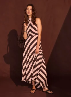 Pink & Brown Striped Halter Maxi Dress