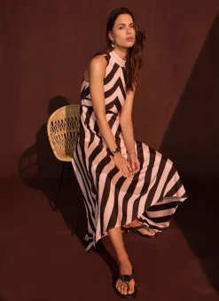 Pink & Brown Striped Halter Maxi Dress