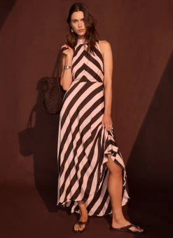 Pink & Brown Striped Halter Maxi Dress