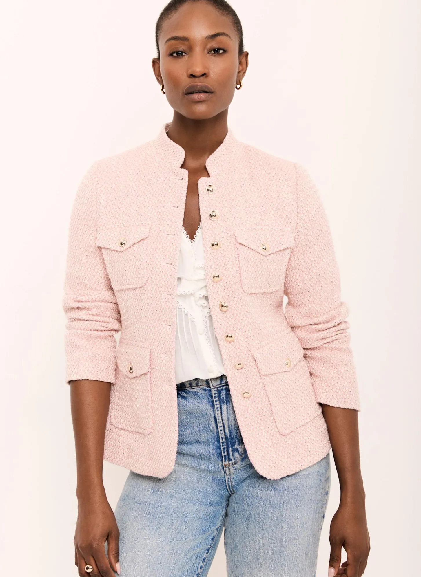 Pink Cotton Blend Boucle Jacket