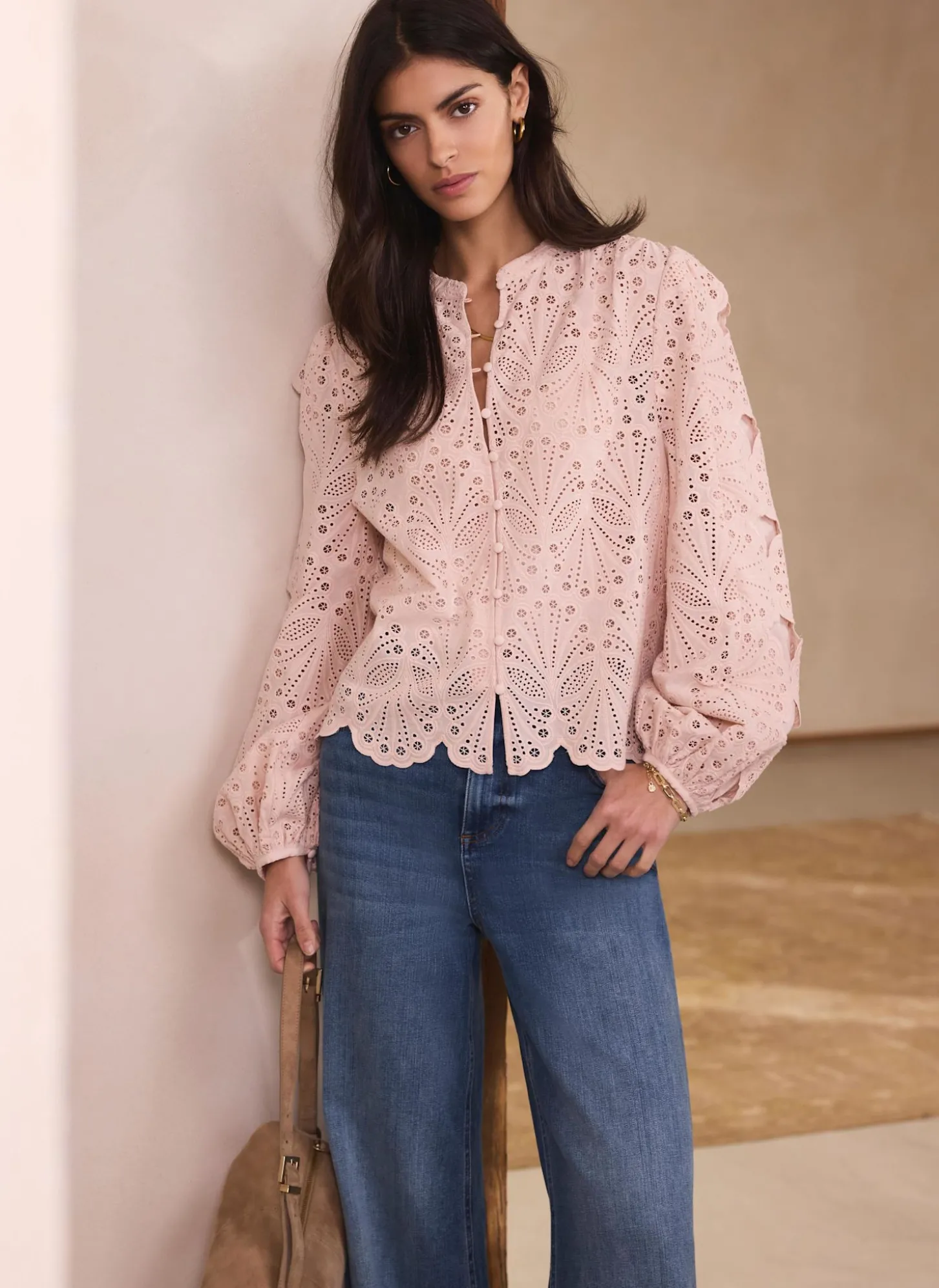 Pink Cotton Broderie Detail Blouse