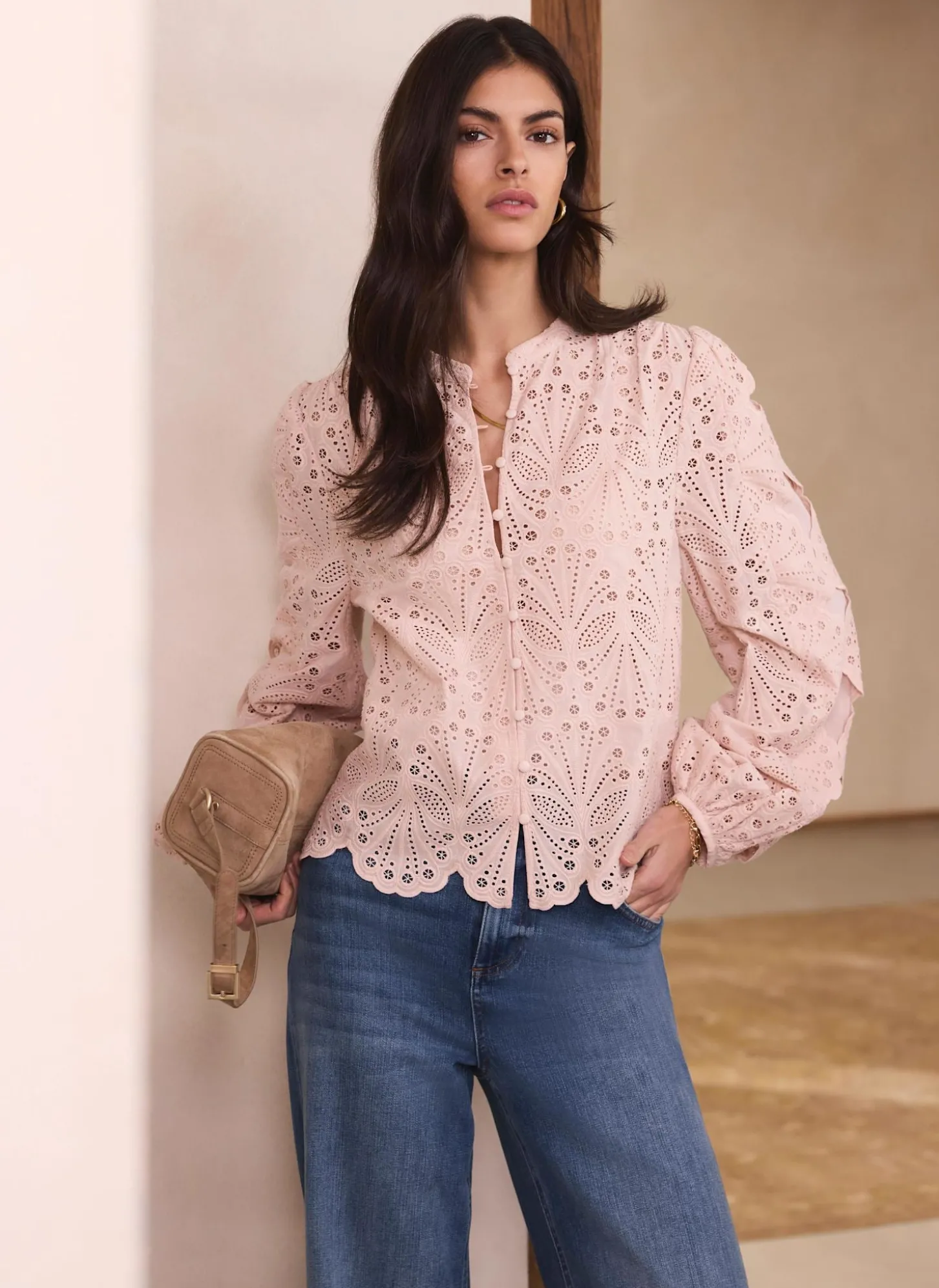 Pink Cotton Broderie Detail Blouse