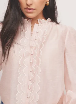 Pink Embroidered Scallop Trim Blouse