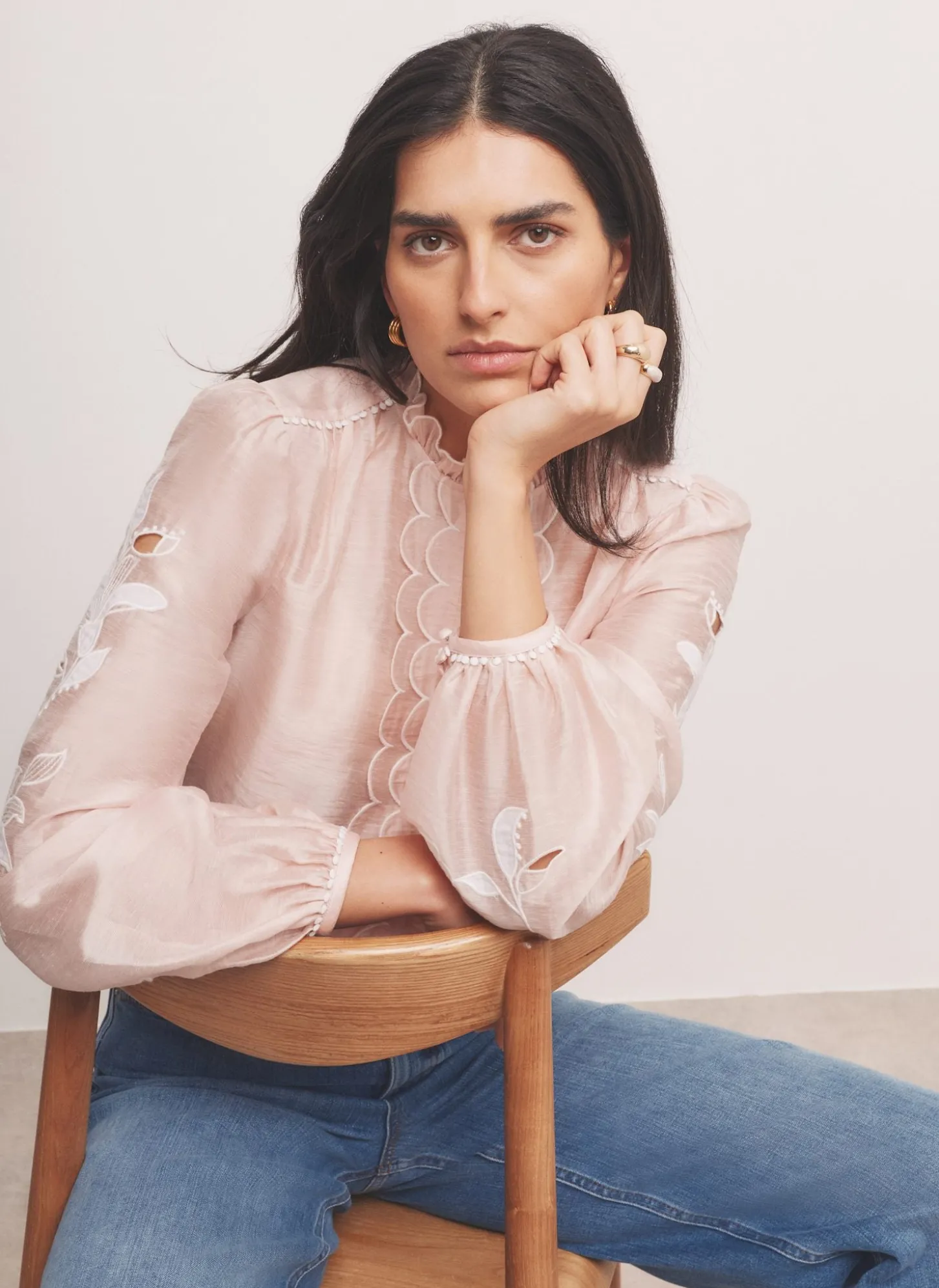Pink Embroidered Scallop Trim Blouse