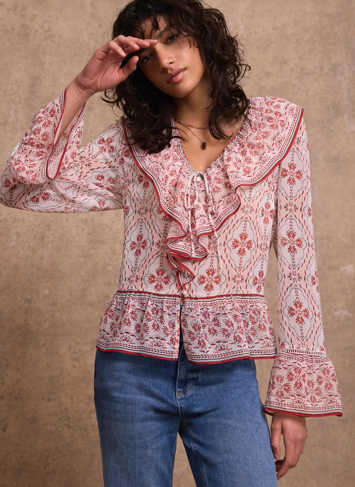 Pink Geo Print Ruffle Blouse