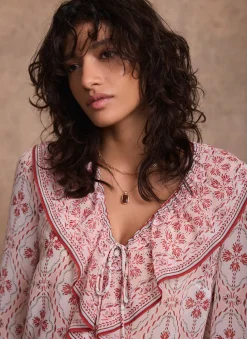 Pink Geo Print Ruffle Blouse