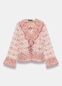 Pink Geo Print Ruffle Blouse