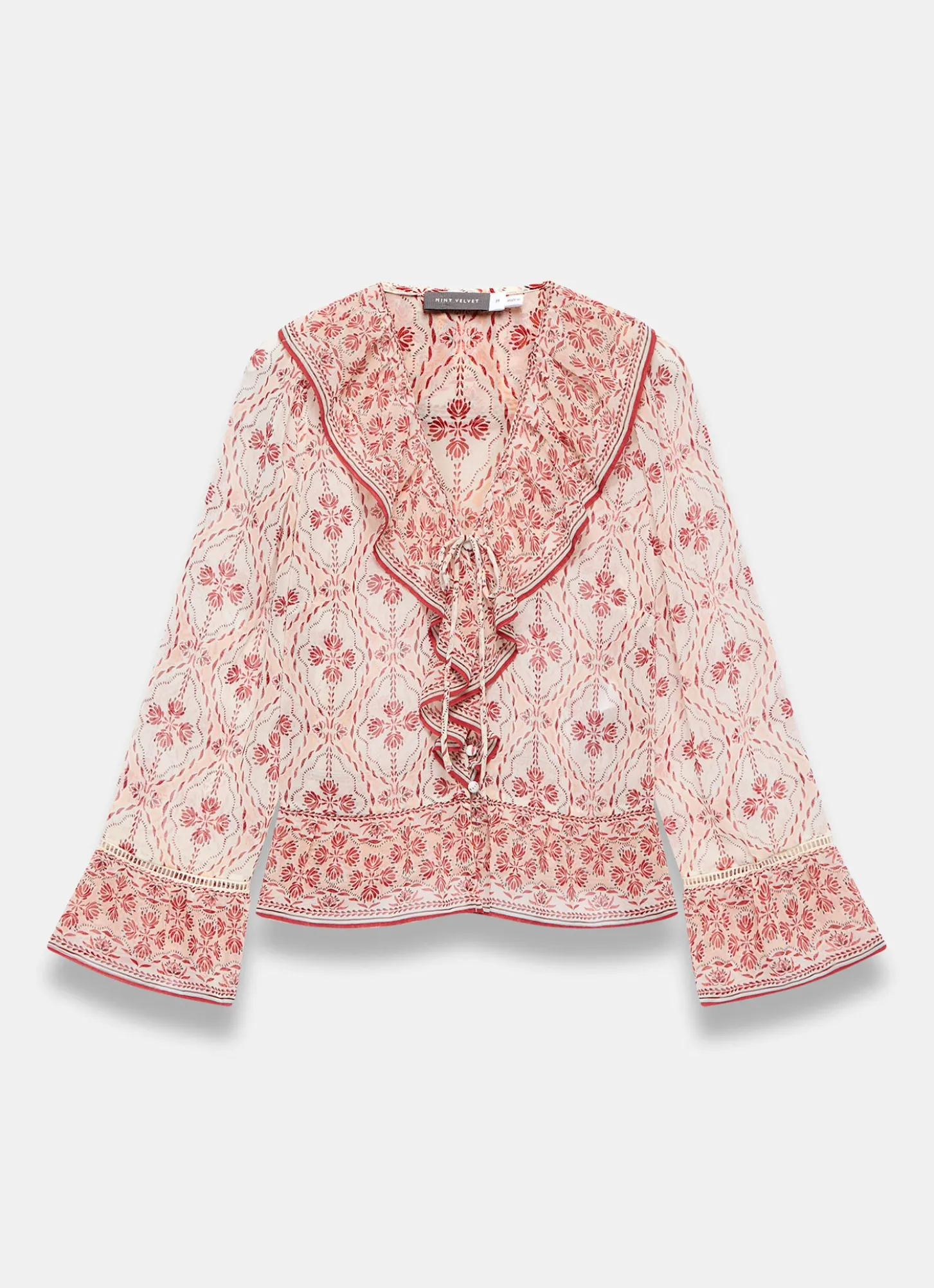 Pink Geo Print Ruffle Blouse