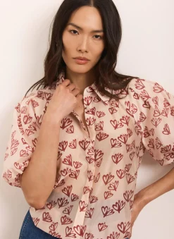 Pink Heart Print Puff Sleeve Shirt
