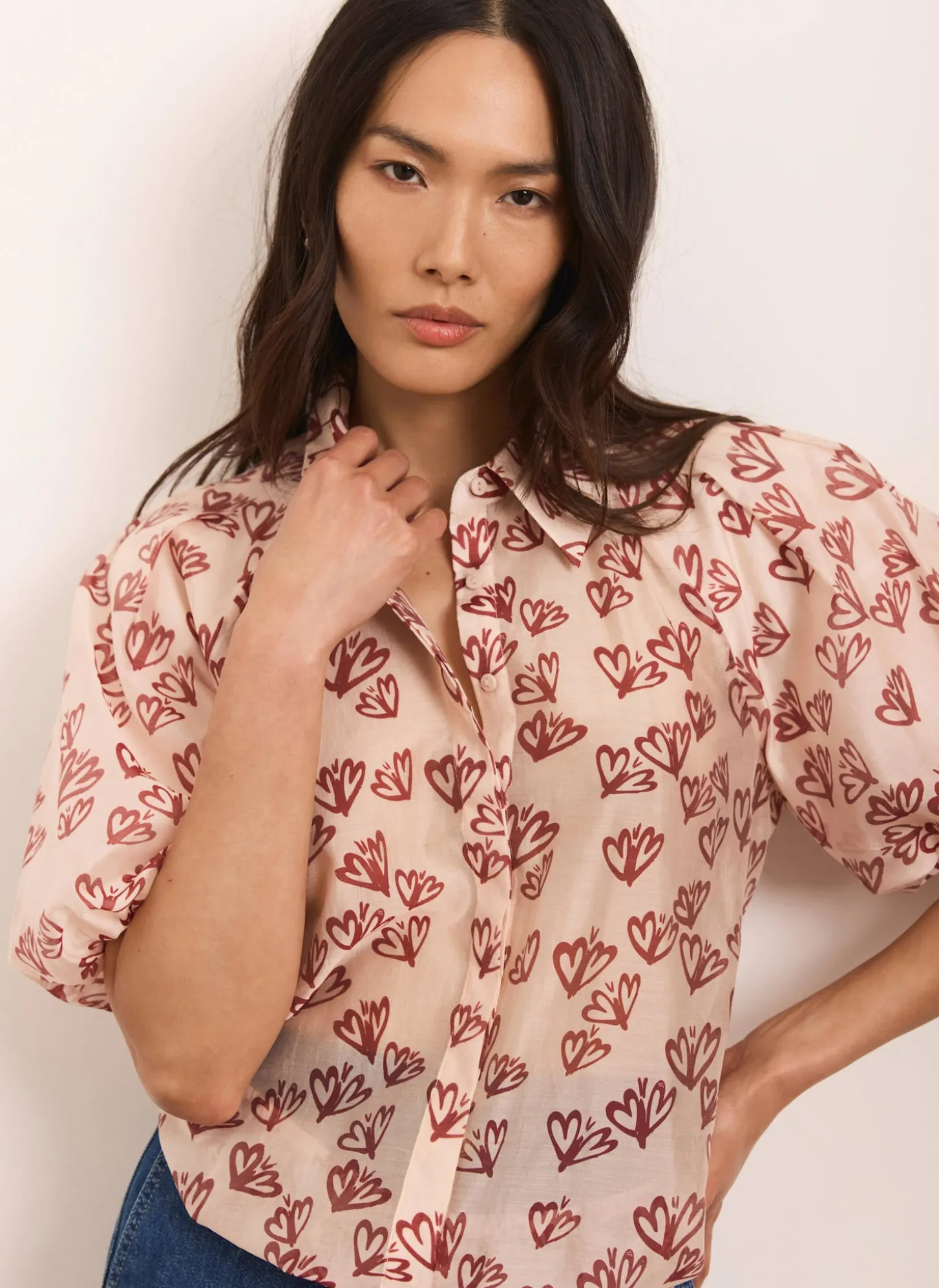 Pink Heart Print Puff Sleeve Shirt