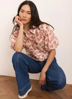 Pink Heart Print Puff Sleeve Shirt