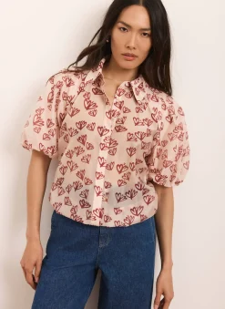 Pink Heart Print Puff Sleeve Shirt