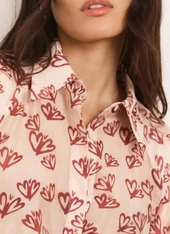 Pink Heart Print Puff Sleeve Shirt