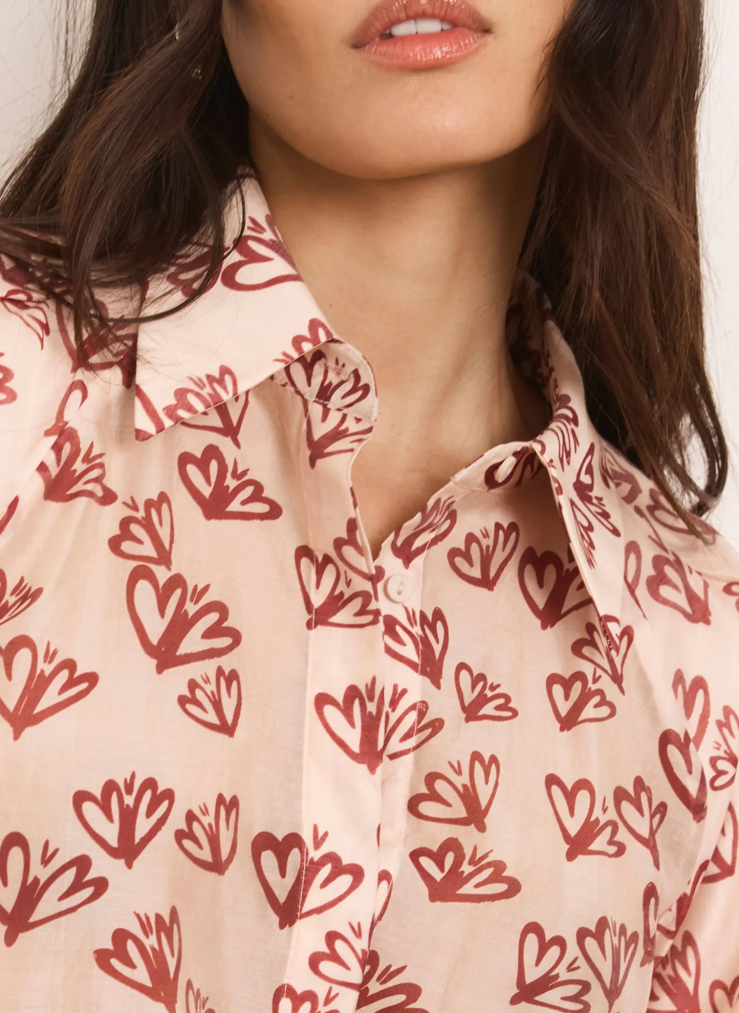 Pink Heart Print Puff Sleeve Shirt