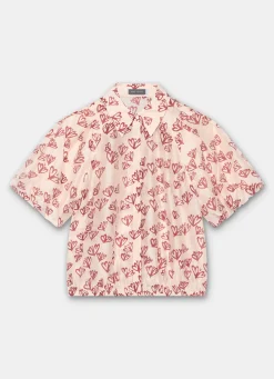 Pink Heart Print Puff Sleeve Shirt