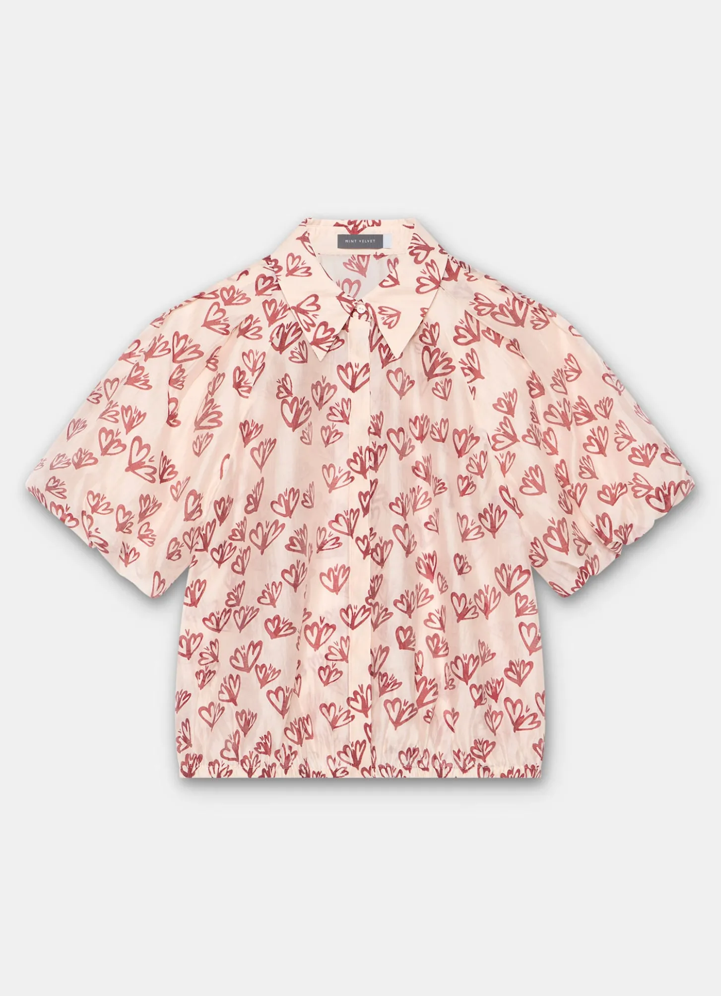 Pink Heart Print Puff Sleeve Shirt