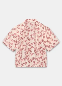 Pink Heart Print Puff Sleeve Shirt