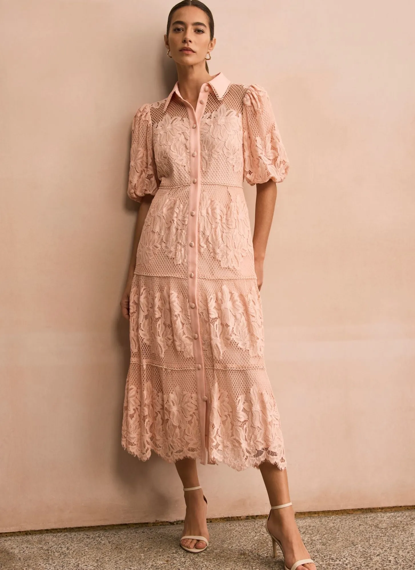 Pink Lace Midi Shirt Dress