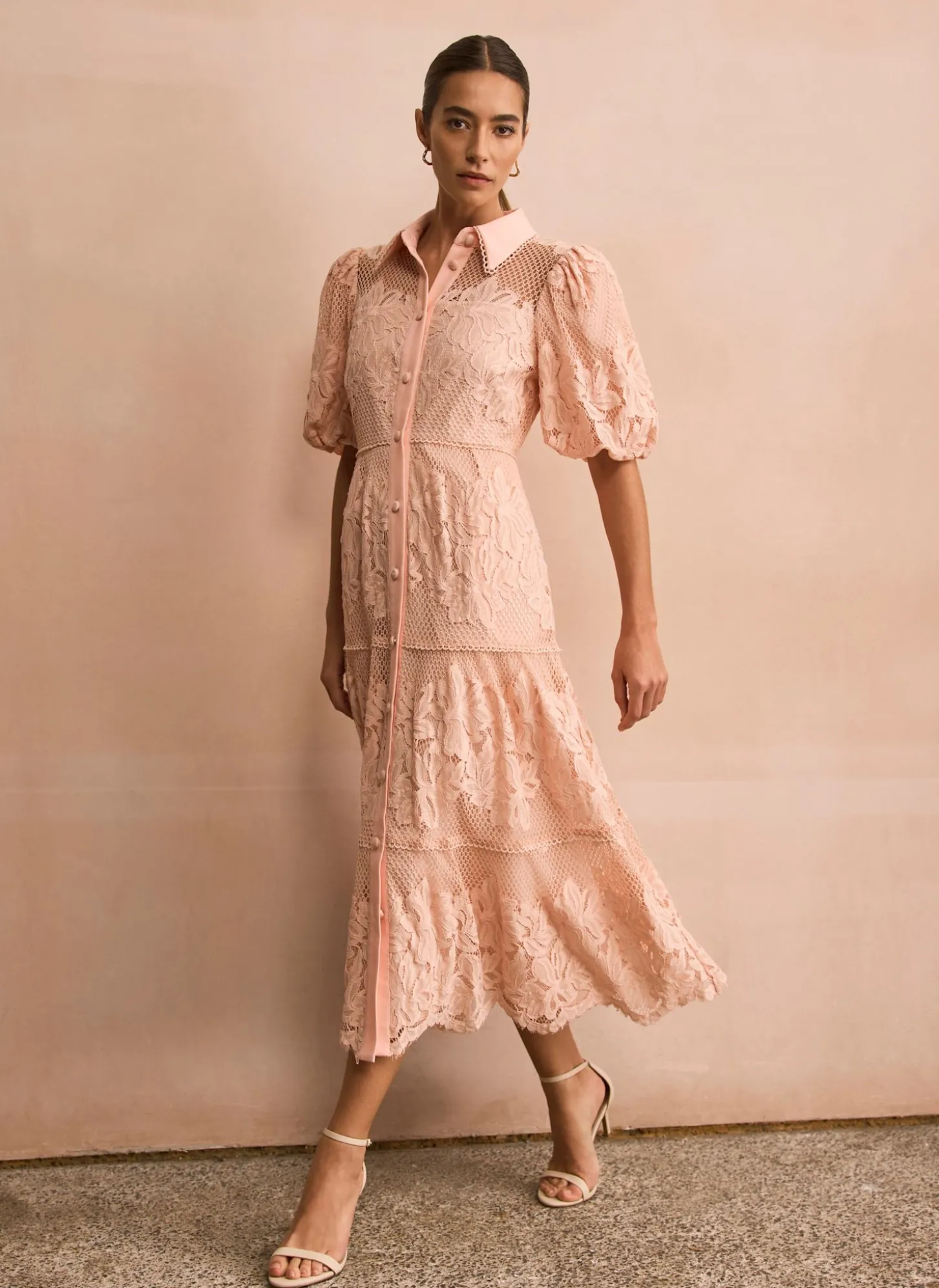 Pink Lace Midi Shirt Dress