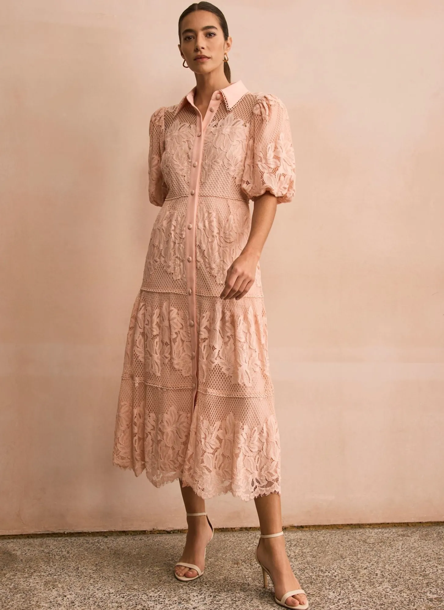 Pink Lace Midi Shirt Dress