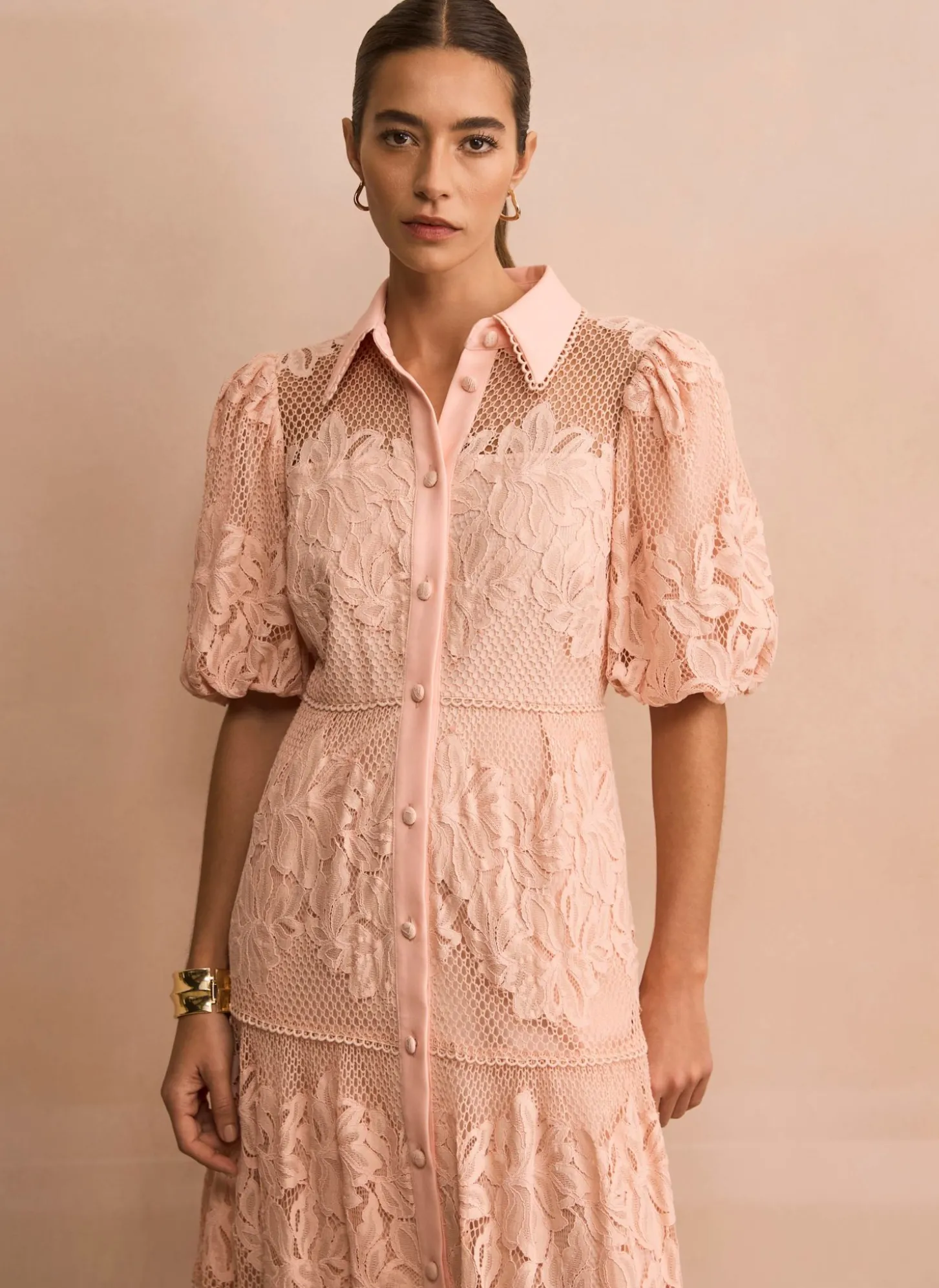 Pink Lace Midi Shirt Dress
