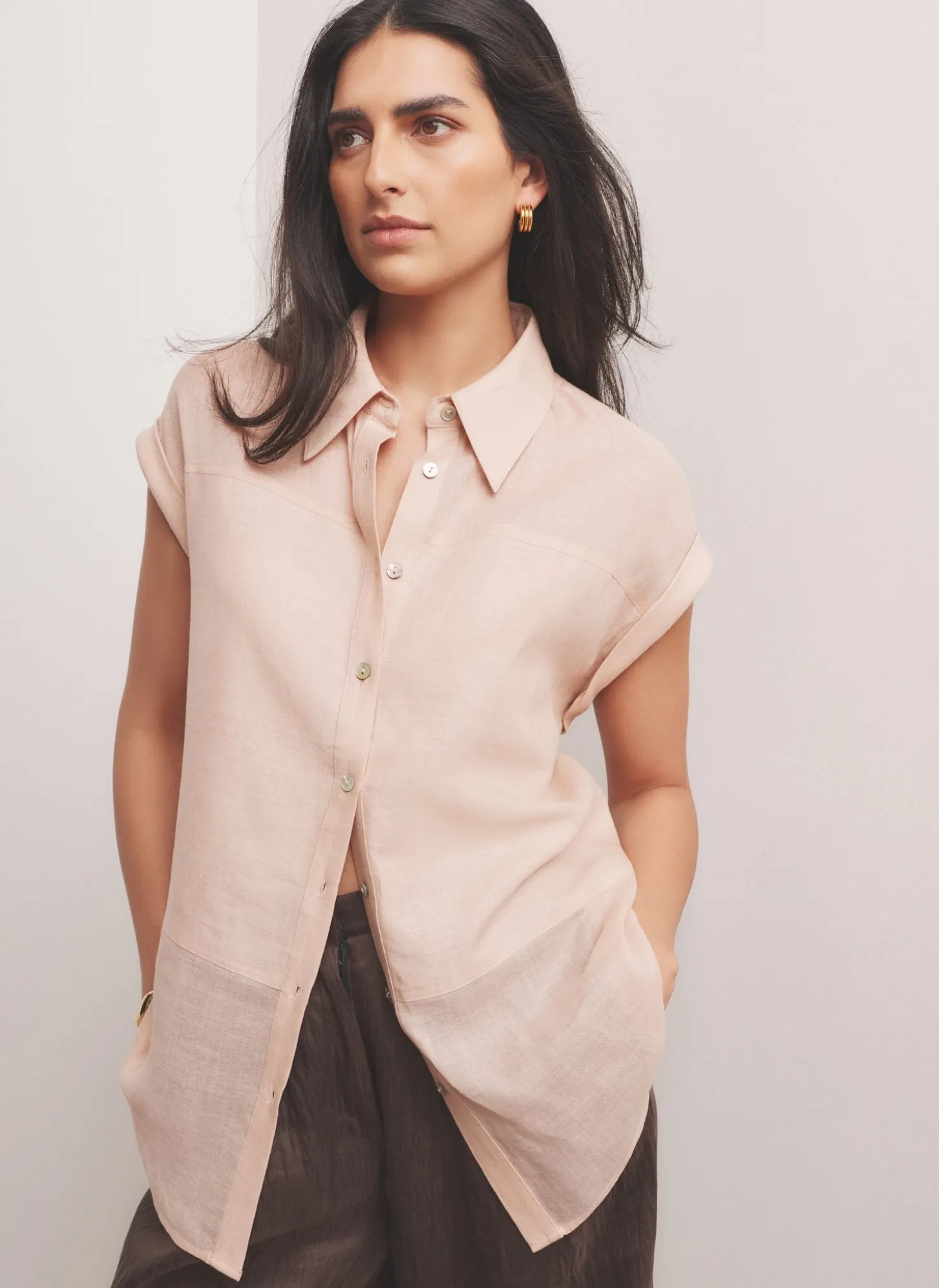 Pink Linen Blend Sheer Panel Shirt