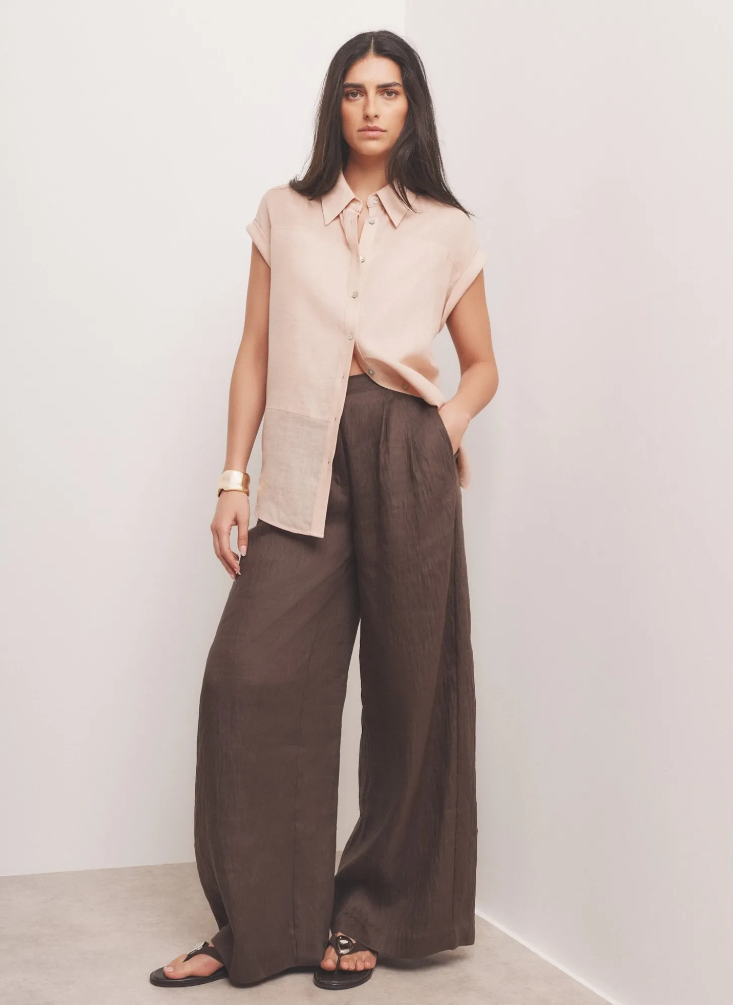 Pink Linen Blend Sheer Panel Shirt