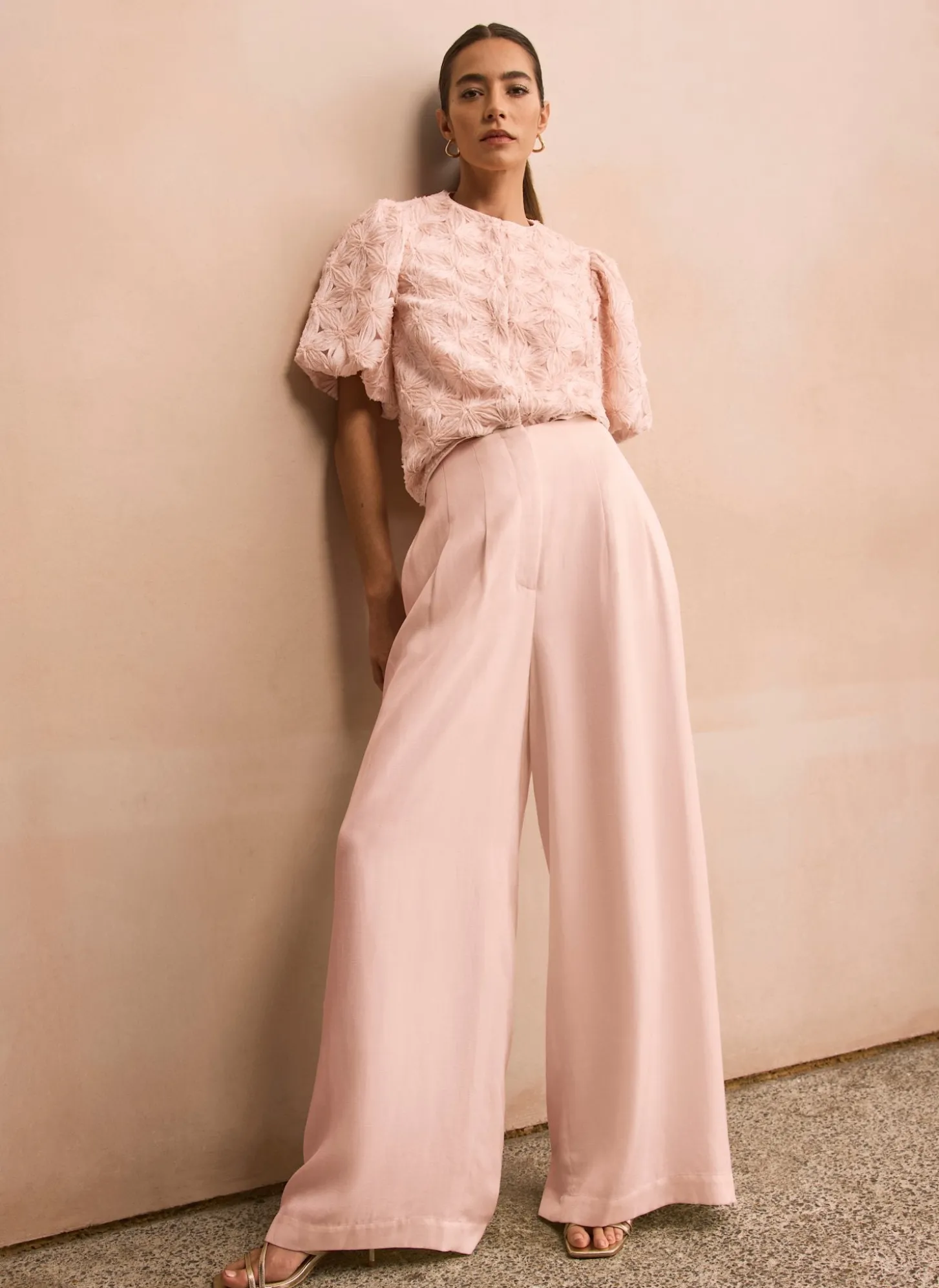 Pink Pleat Detail Wide Leg Trousers