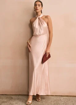 Pink Satin Halter Maxi Dress
