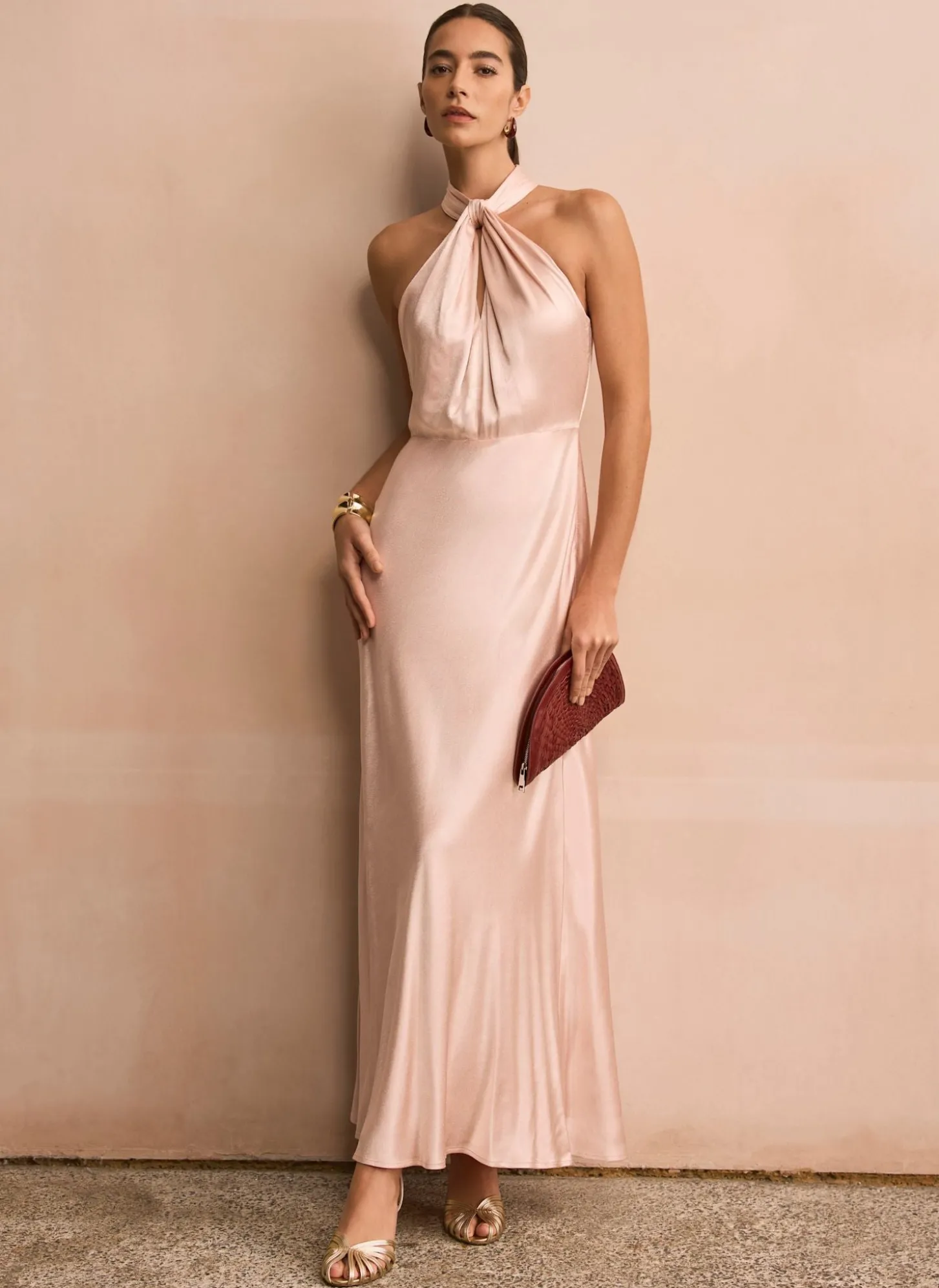 Pink Satin Halter Maxi Dress