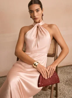 Pink Satin Halter Maxi Dress