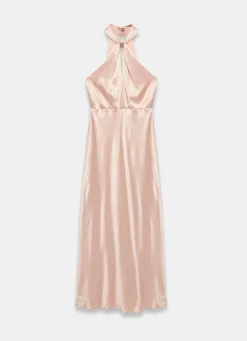 Pink Satin Halter Maxi Dress