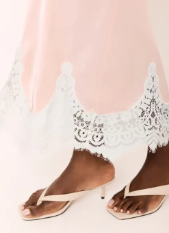 Pink Satin Lace Midi Skirt
