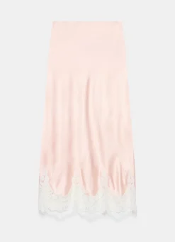 Pink Satin Lace Midi Skirt