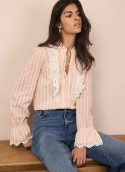 Pink Striped Broderie Trim Blouse