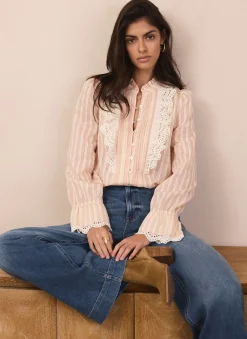 Pink Striped Broderie Trim Blouse